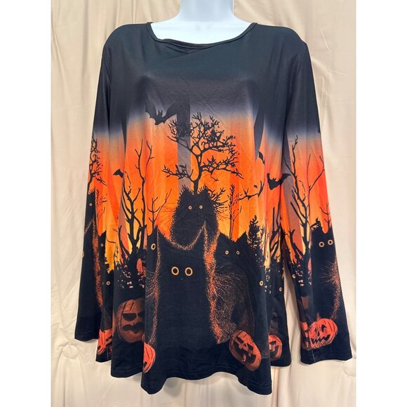 XXL Halloween LS Top Unisex Black CATS Pumpkins - Picture 1 of 5